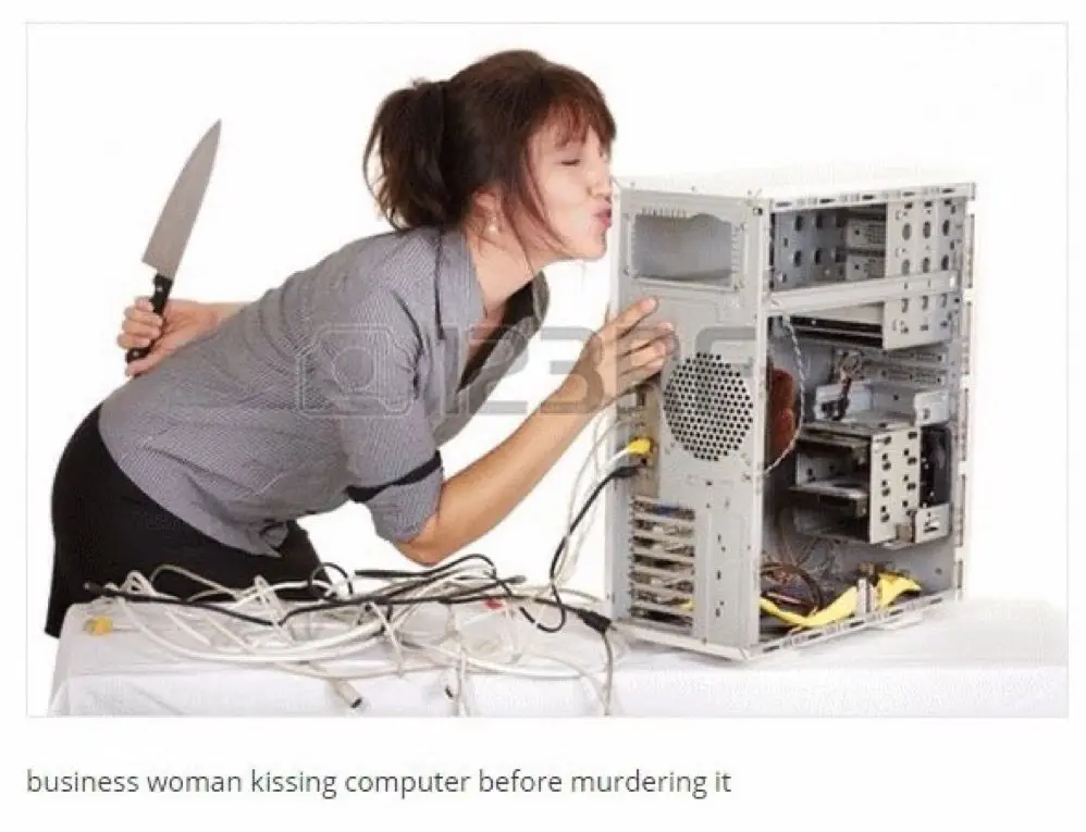 woman kissing computer before killing it.