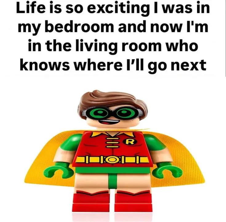 top text Life is so exciting. Lego Robin being happy and cute.